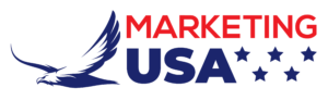 Brand logo: the word MARKETING in red with a dark blue eagle motif and the letters USA beneath, surrounded by blue stars.